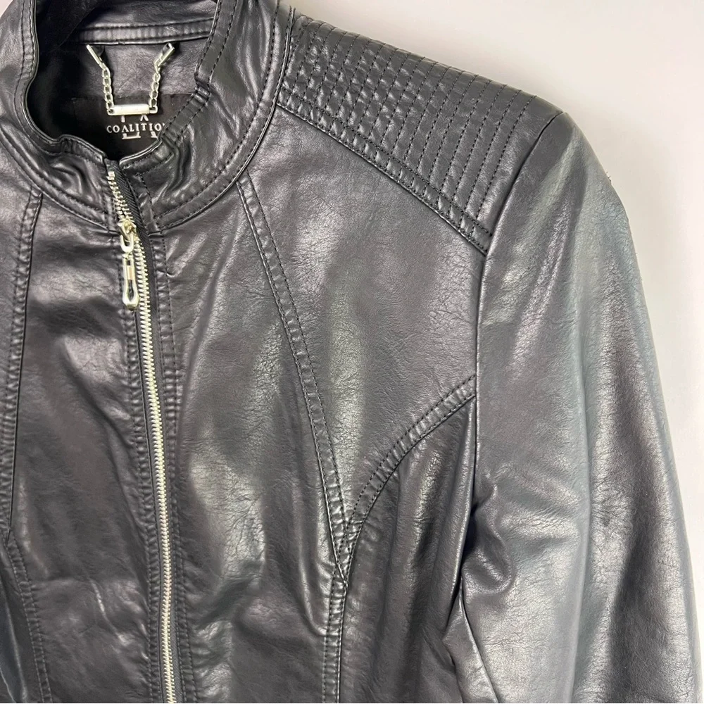 LA Coalition Black Moto Jacket, Faux Leather, Quilted, Zippered Pockets, Medium - Picture 4 of 12